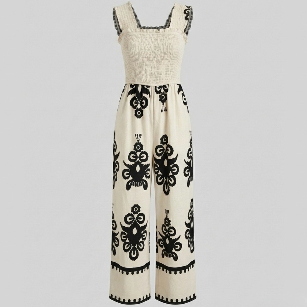 Boho Smocked Bodice Jumpsuit Wide Leg Paisley Print cream & black, S-M (stretch)